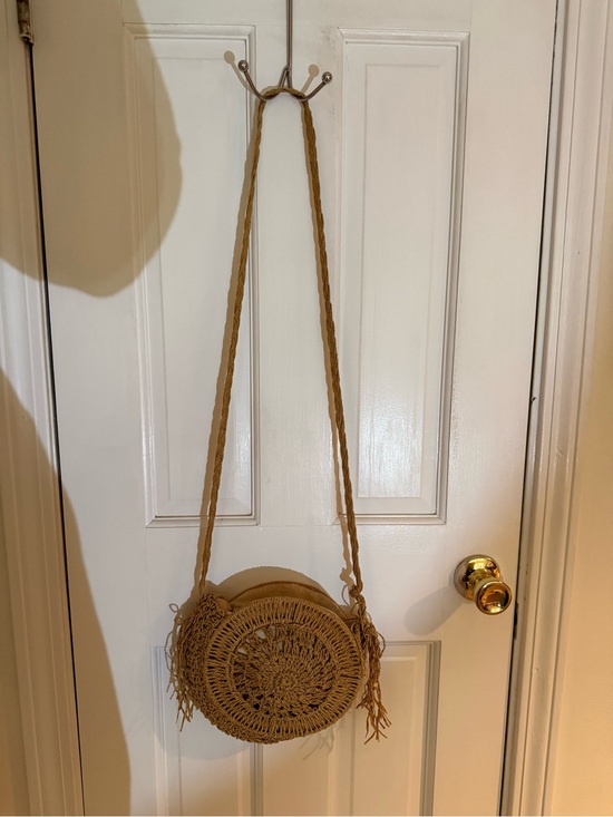 SHEIN Handbags - SHEIN Tan Round Woven Crossbody Bag with Fringe